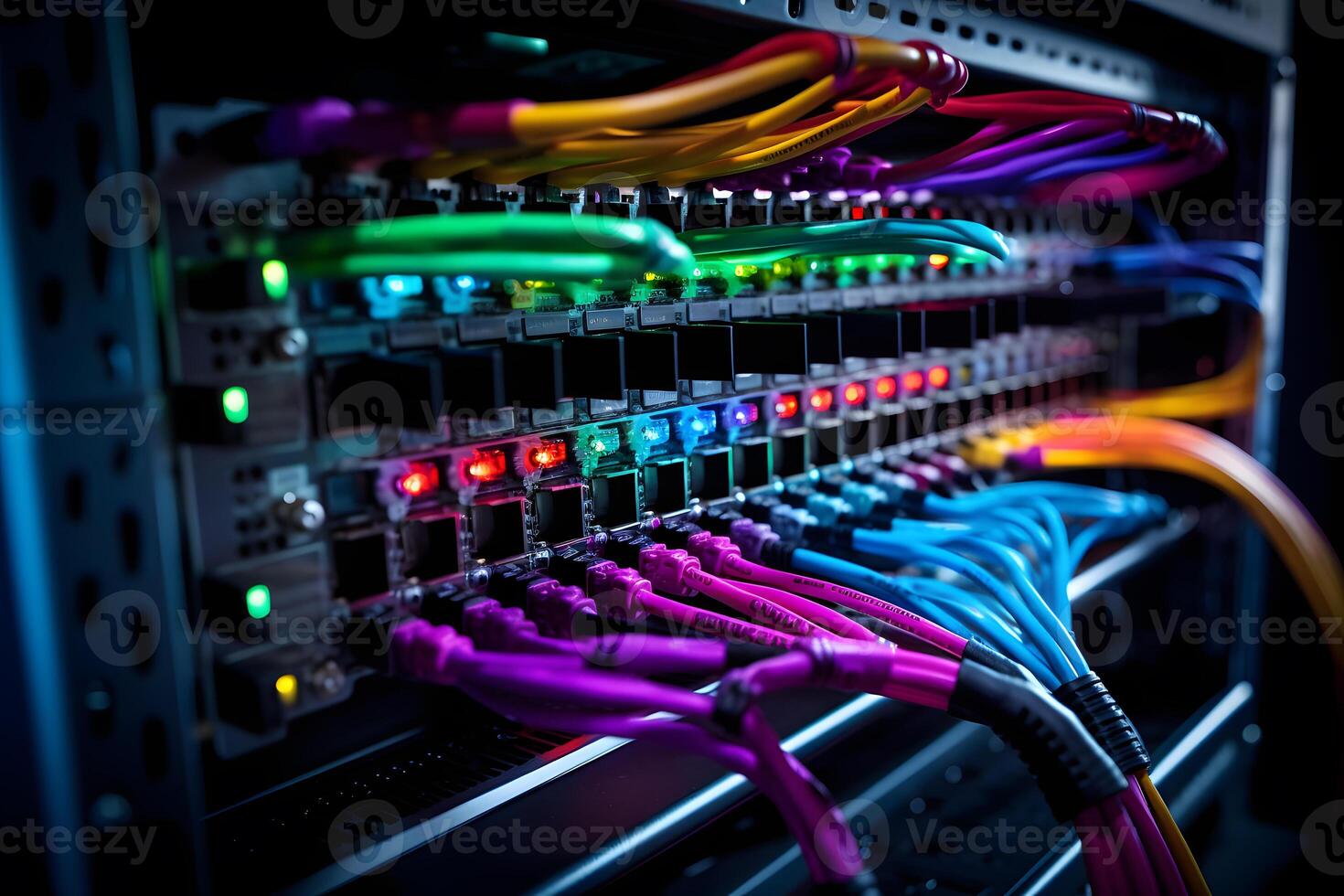 ai gegenereerd detailopname foto van een server lap paneel met veel poorten en draden. veel indicatoren van verschillend kleuren tonen de actief werk van de servers.