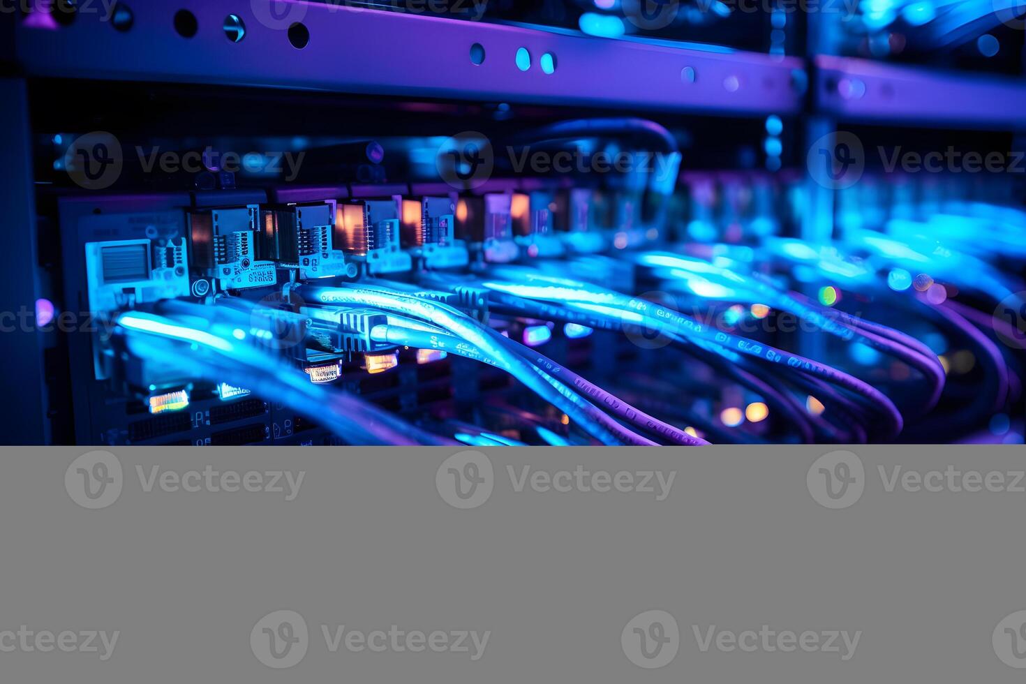 ai gegenereerd detailopname foto van een server lap paneel met veel poorten en draden. veel indicatoren van verschillend kleuren tonen de actief werk van de servers.