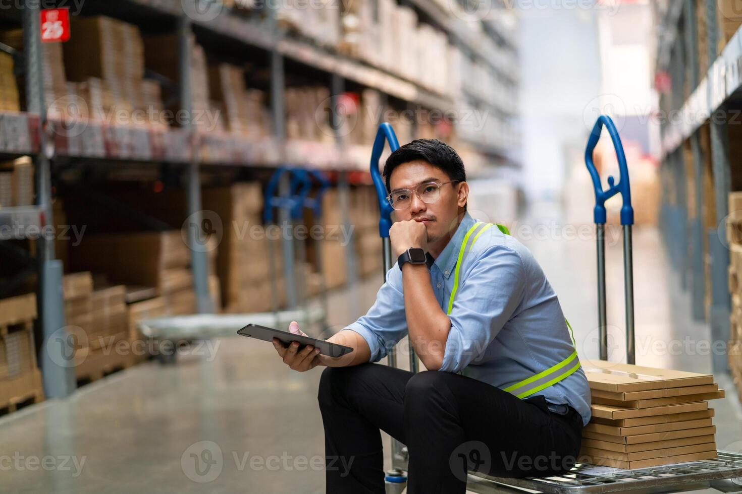 Aziatisch magazijn arbeider wie is moe van werk. wezen ontslagen van werk. werkloos. mislukt. hopeloos. verbrand uit Bij werk. foto