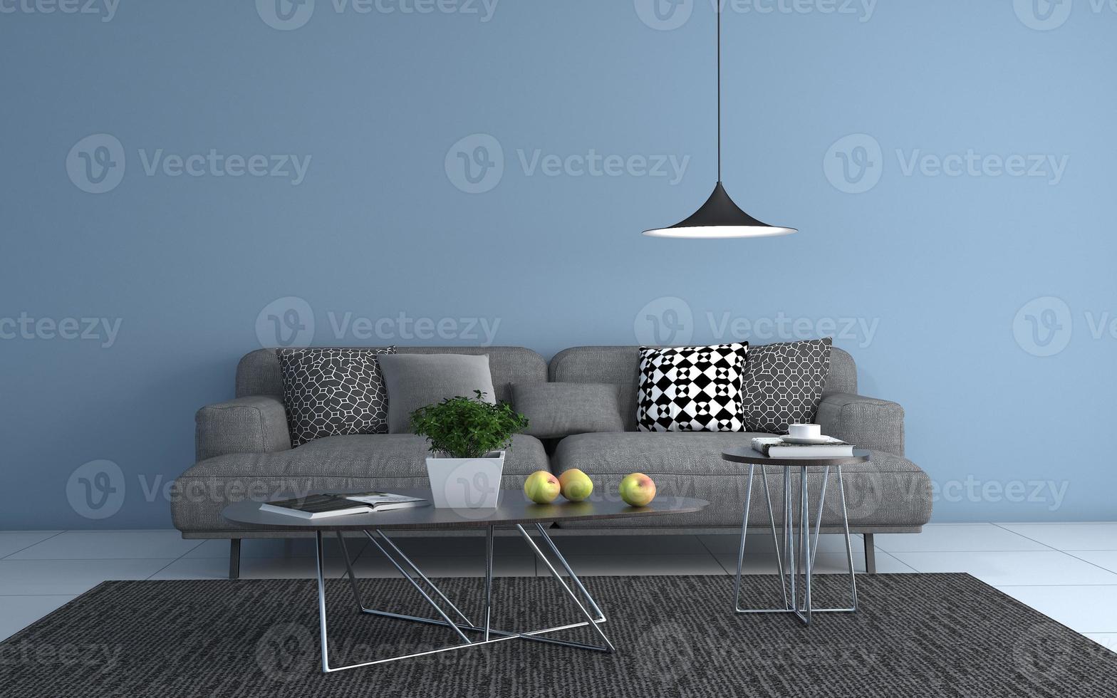 3D-gerenderd van interieur moderne woonkamer met bank - bank en tafel realistische mockup foto