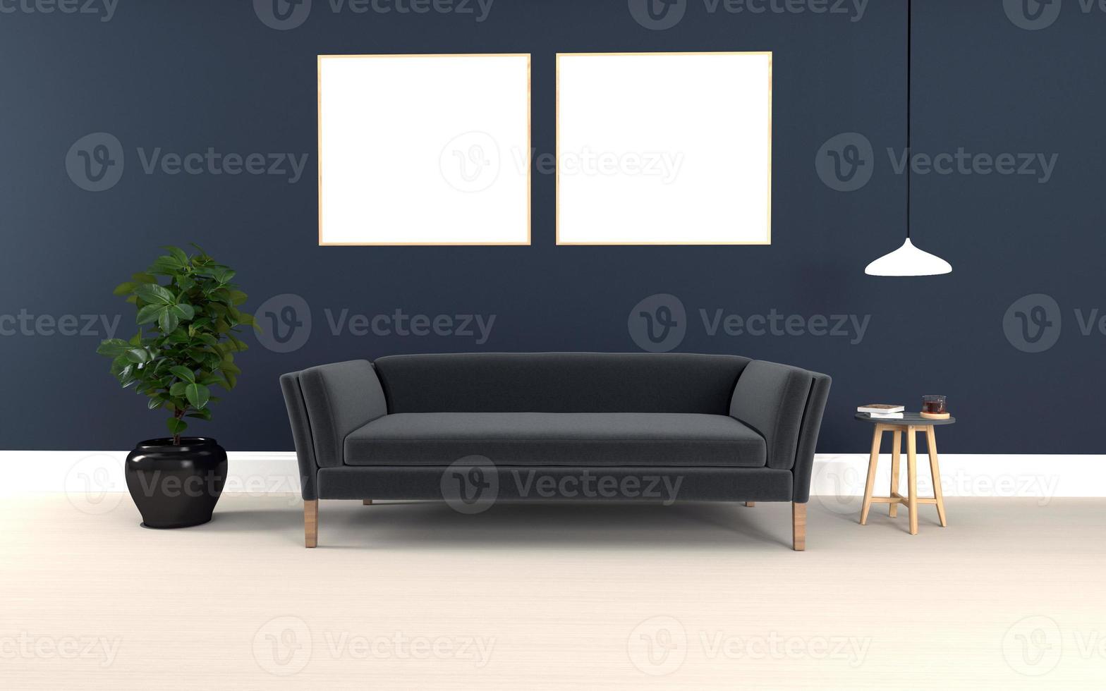 realistische mockup van 3D-weergave van interieur van moderne woonkamer met bank - bank en tafel foto