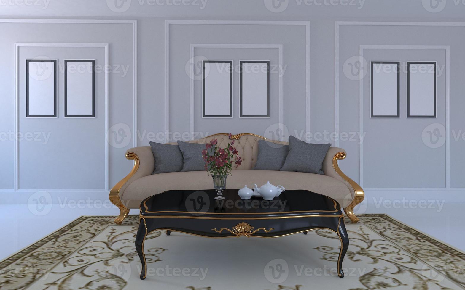 luxe mockup van 3D-weergave van interieur van moderne woonkamer met bank - bank en tafel foto