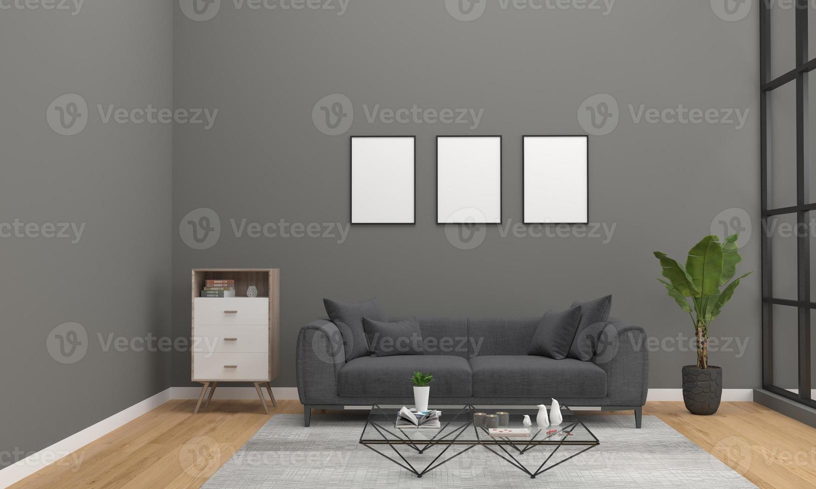 3D-gerenderde interieur moderne woonkamer frame met bank - bank en tafel foto