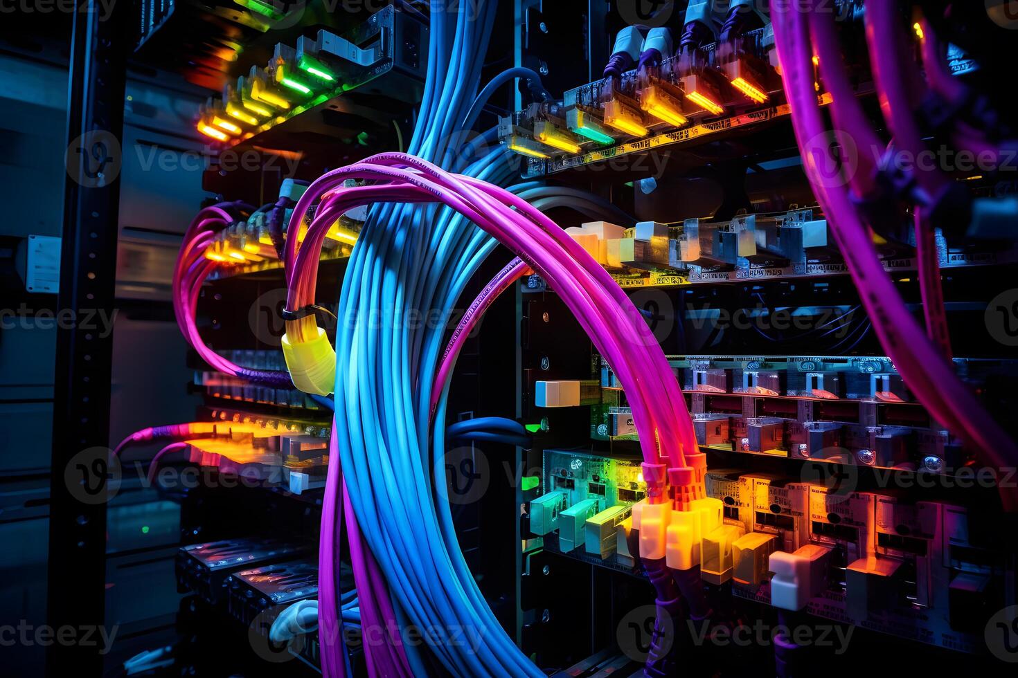 ai gegenereerd detailopname foto van een server lap paneel met veel poorten en draden. veel indicatoren van verschillend kleuren tonen de actief werk van de servers.