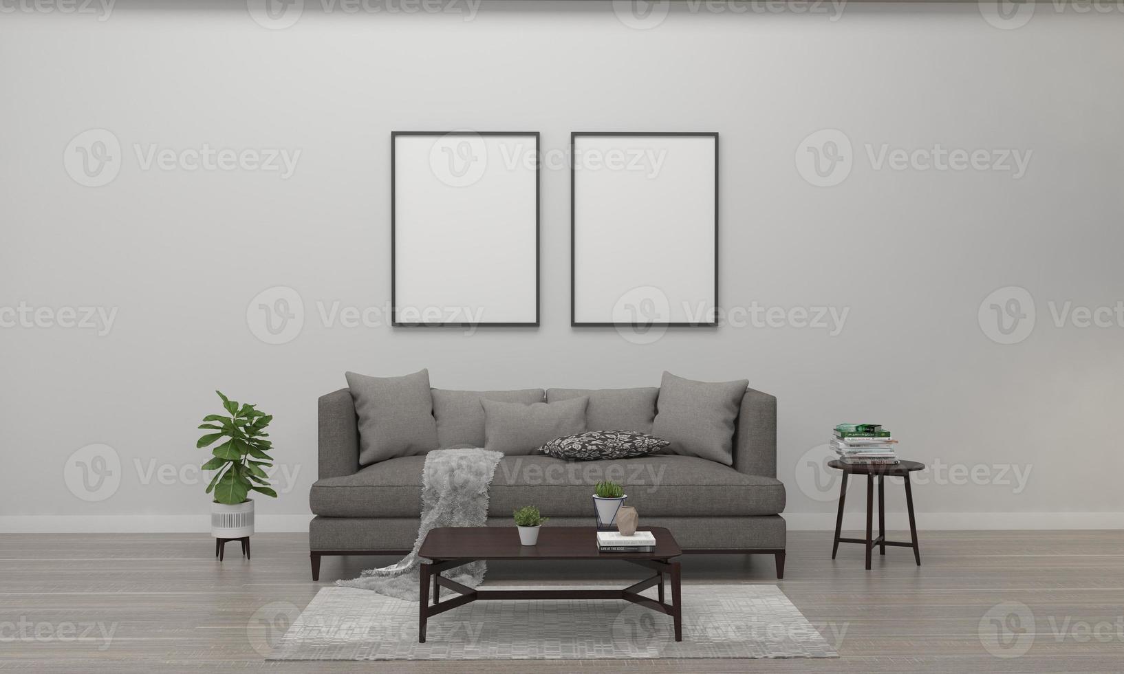 3D-gerenderde interieur moderne woonkamer frame met bank - bank en tafel foto