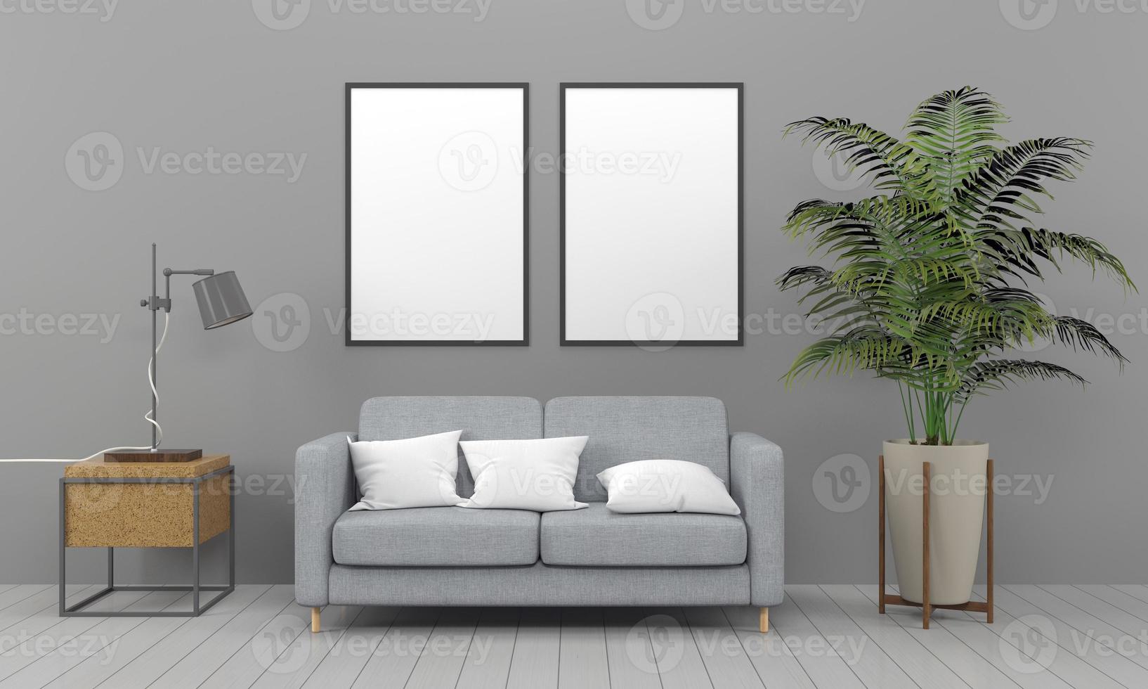 realistische mockup 3D-gerenderde interieur van moderne woonkamer met bank - bank en tafel foto