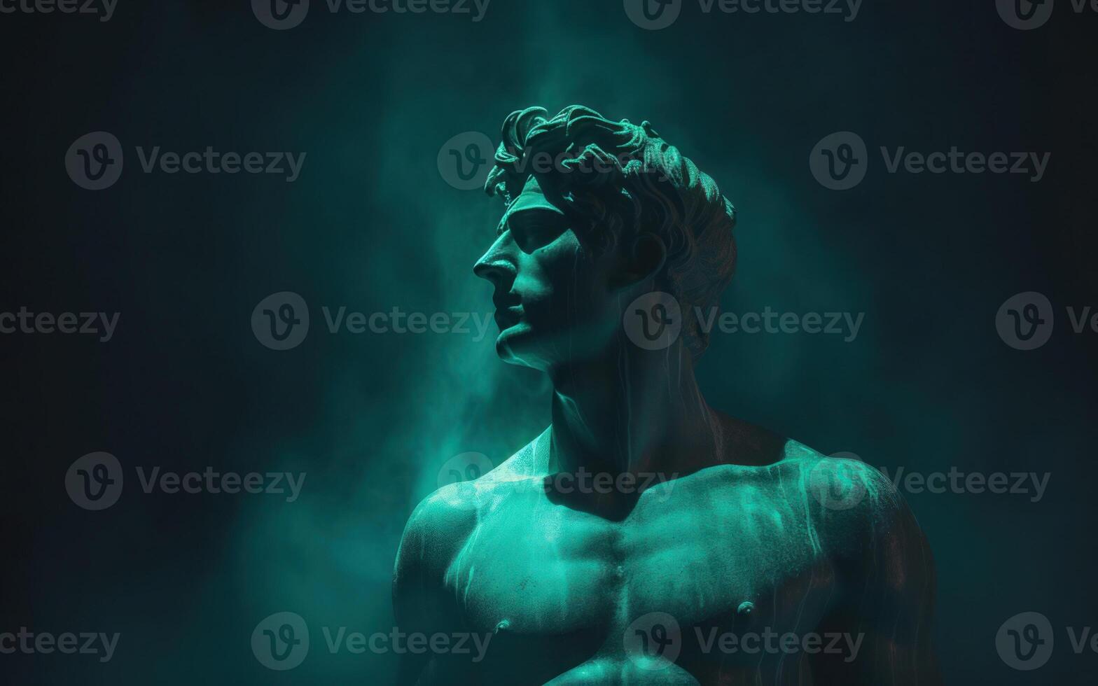 ai gegenereerd oude antiek standbeeld van mannetje persoon in mystiek neon gloed nevel, somber donker achtergrond foto