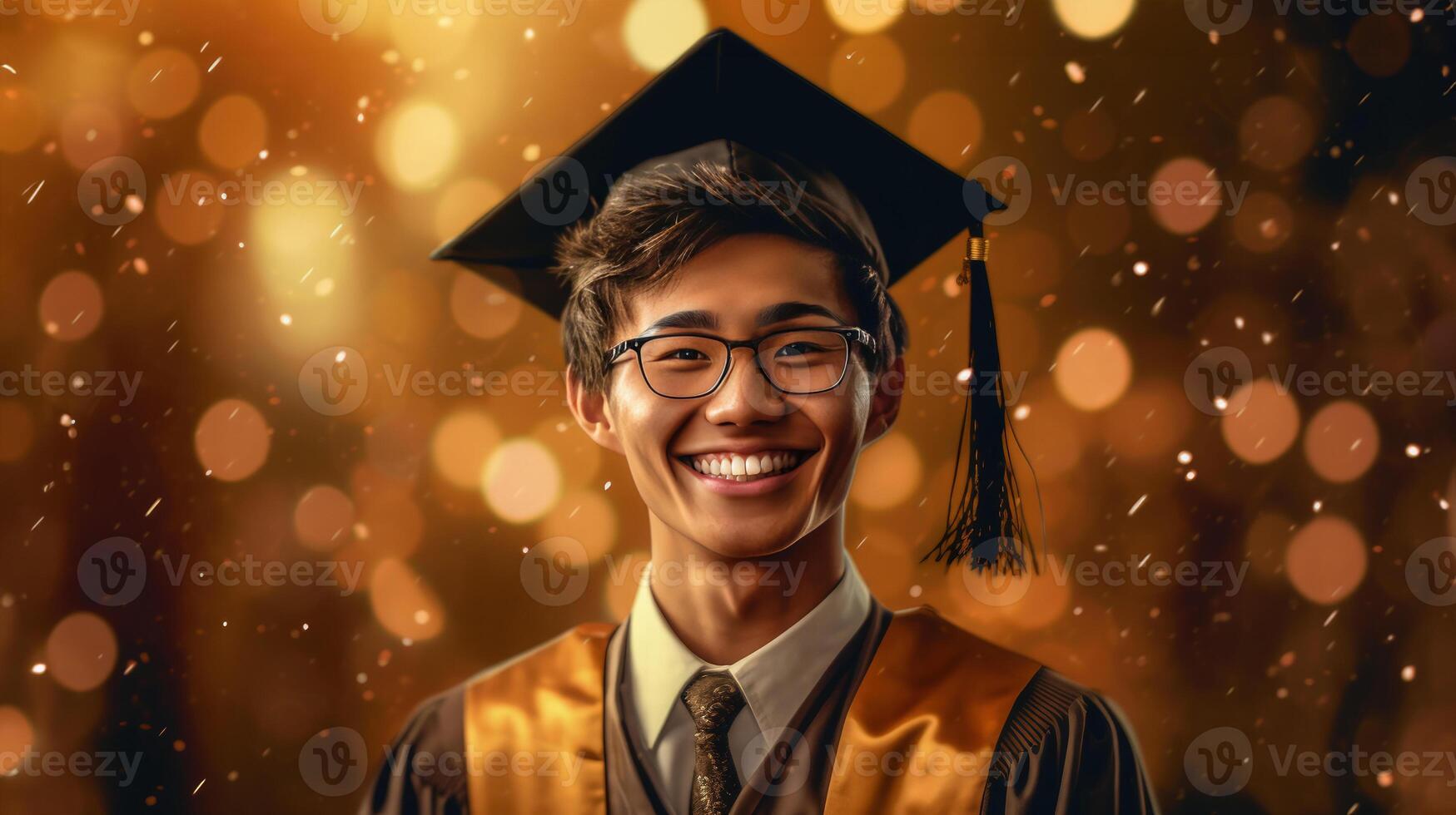 ai gegenereerd gelukkig Aziatisch jong vent vervelend diploma uitreiking pet en gewaad, glimlachen vent balken met geluk foto