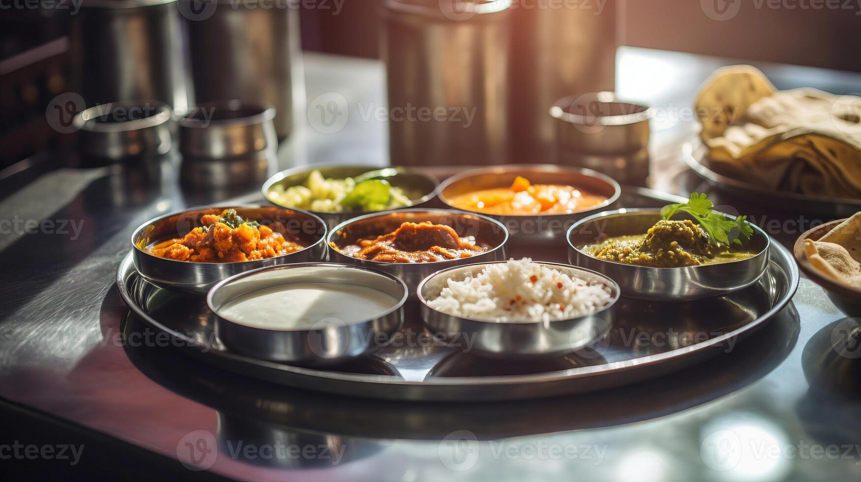 ai gegenereerd verbijsterend heerlijk Indisch thali schotel symfonie van specerijen en smaken, thali genaden cafe tafel foto