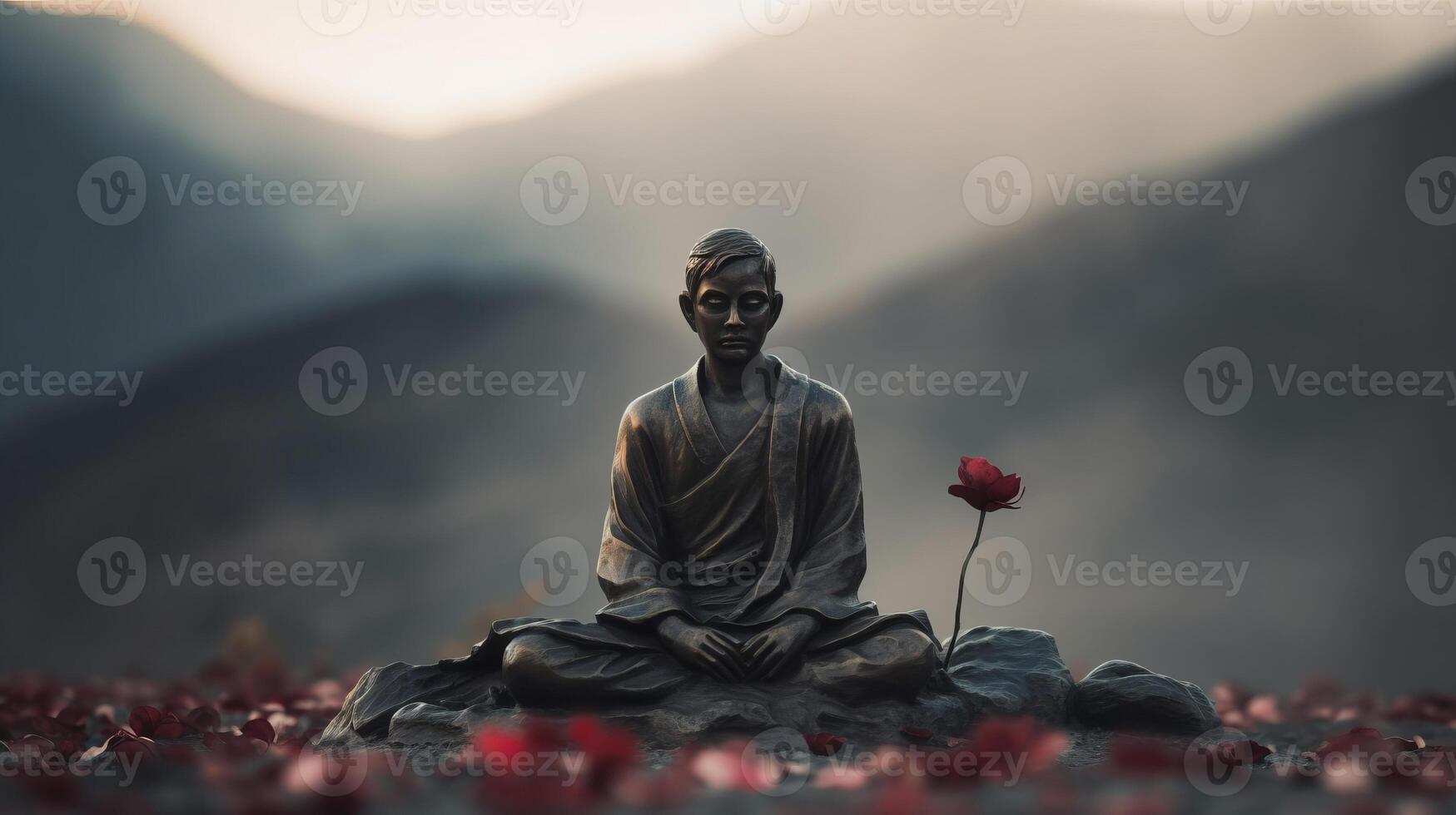 ai gegenereerd bronzen beeldje van mediteren mannetje yogi tussen rood bloemen tegen adembenemend berg landschap foto