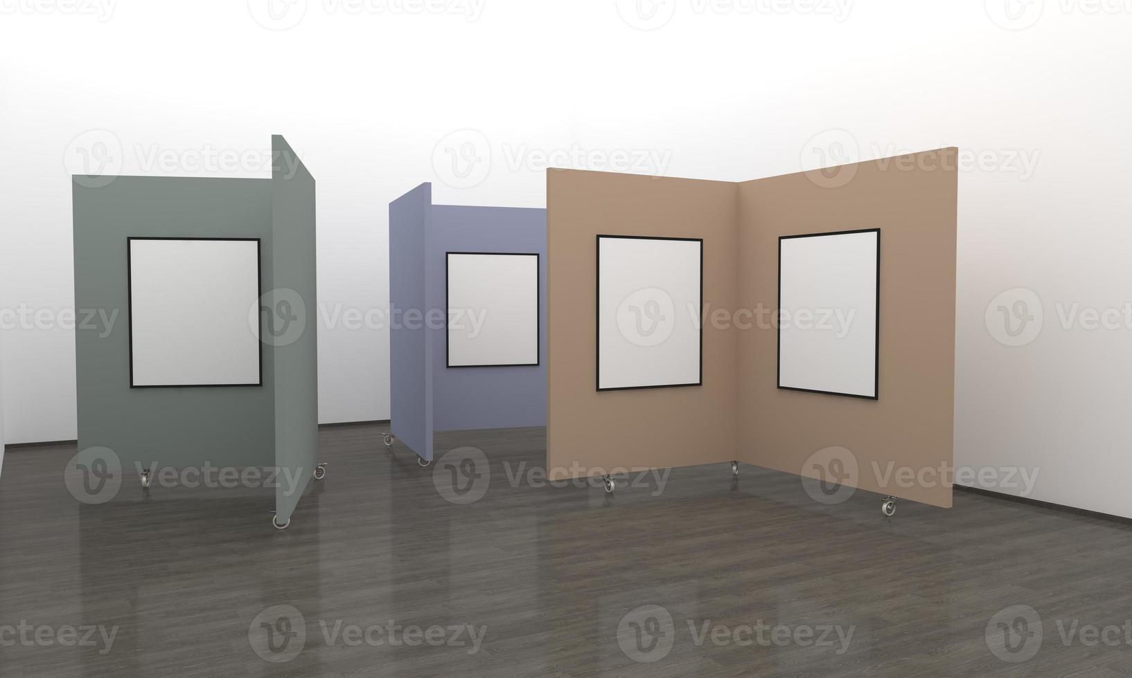 kunstgalerie frames mockup 3d illustratie en 3D-rendering foto