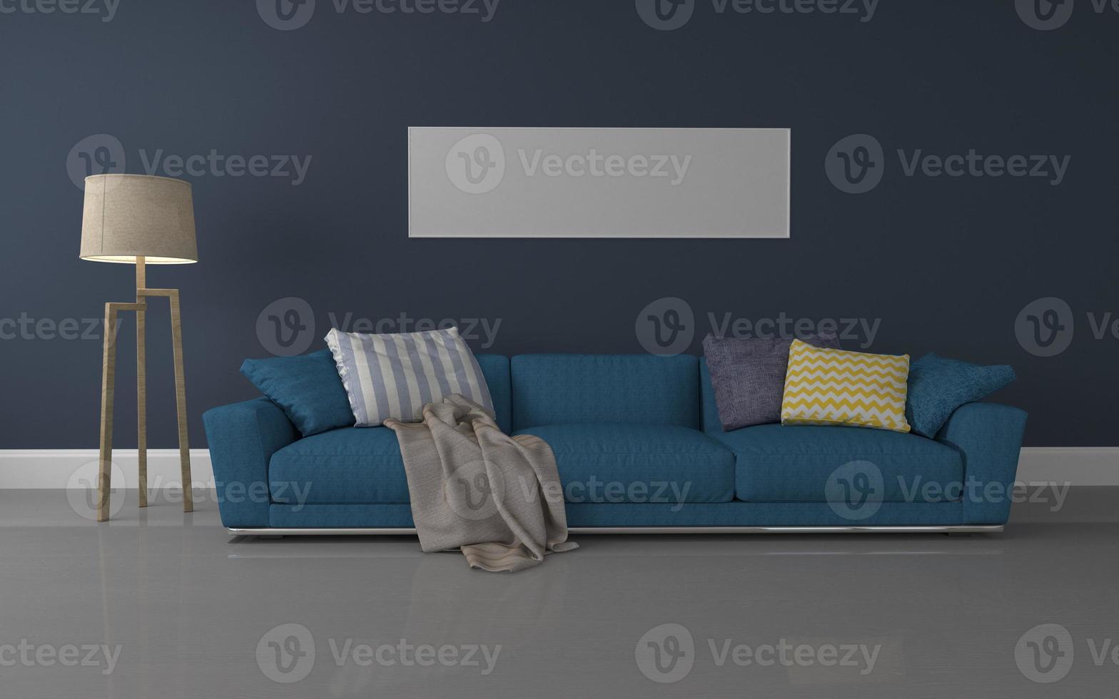 realistische mockup van 3D-weergave van interieur van moderne woonkamer met bank - bank en tafel foto