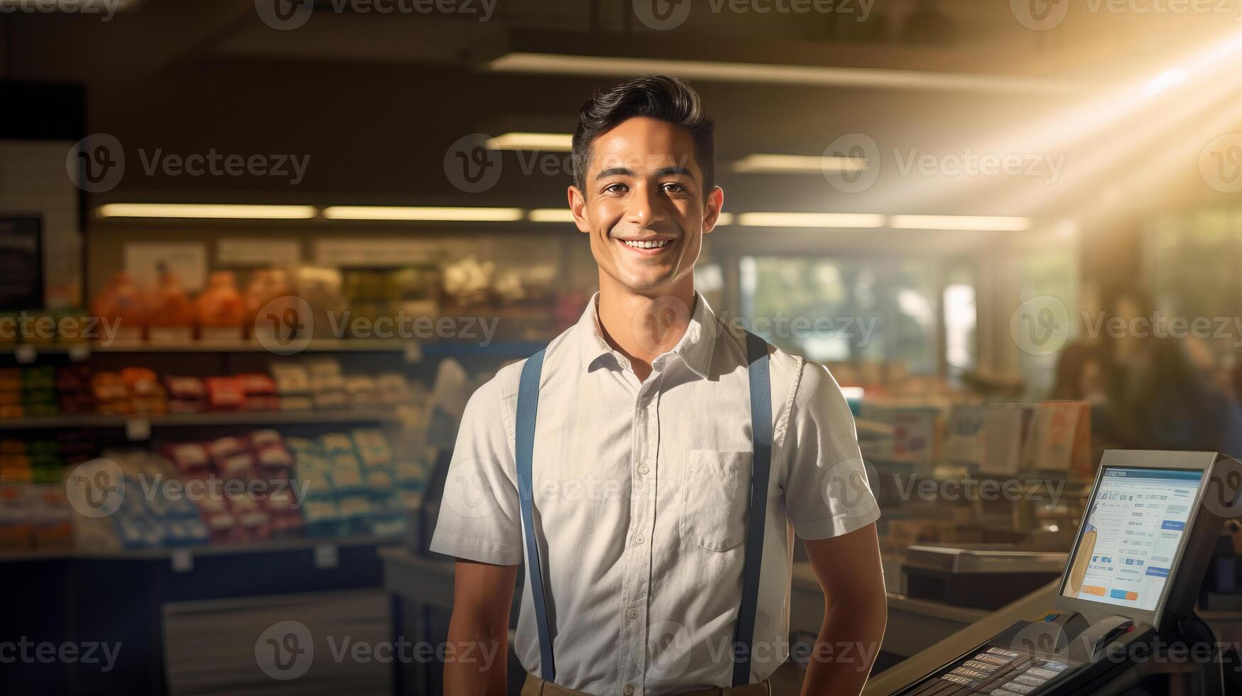 ai gegenereerd portret van vrolijk glimlachen mannetje Kassa in kruidenier op te slaan symboliseert vriendelijk klant onderhoud foto