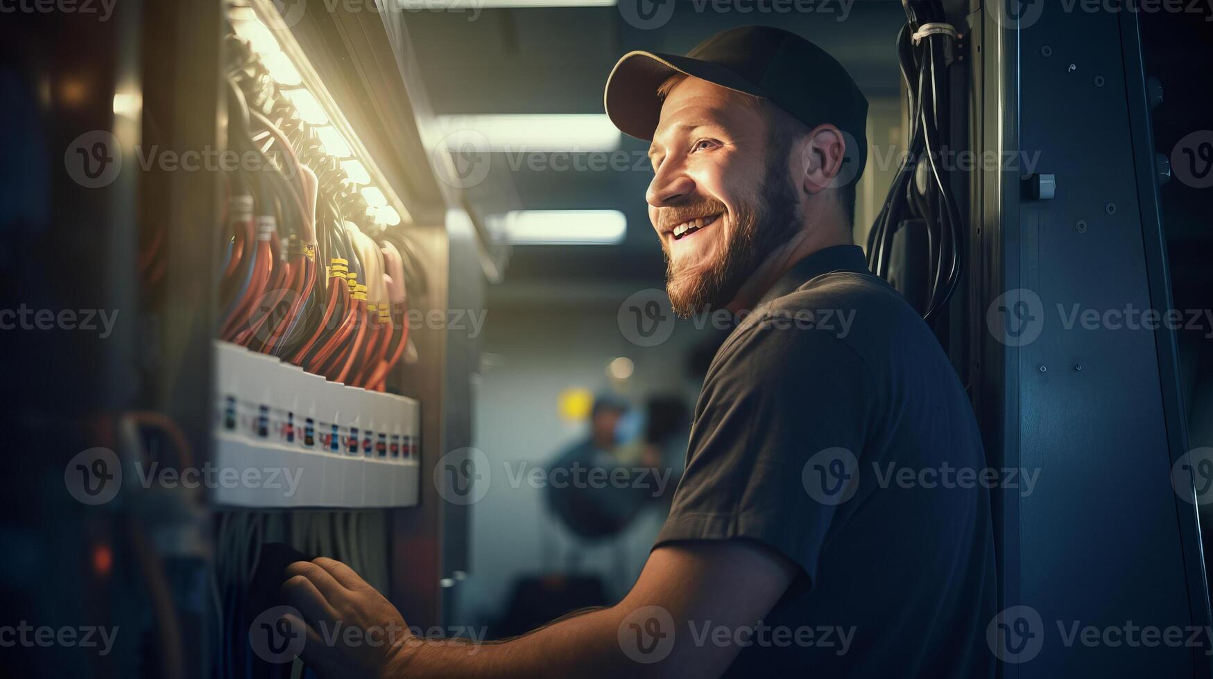 ai gegenereerd glimlachen elektricien, knap en bekwaam, lost problemen op breker paneel foto