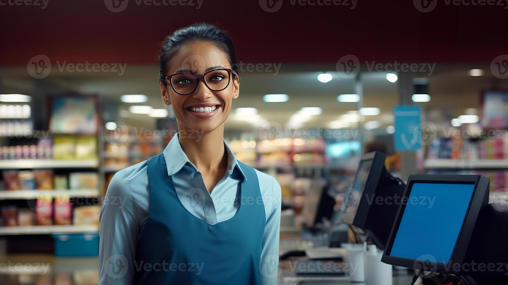 ai gegenereerd portret van vrolijk glimlachen vrouw Kassa in kruidenier op te slaan symboliseert vriendelijk klant onderhoud foto