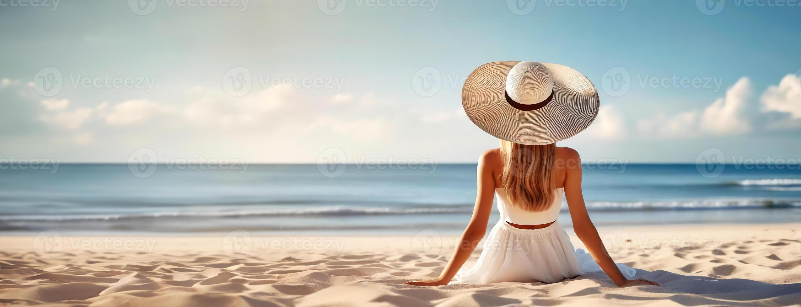 ai gegenereerd jong vrouw zit Aan zanderig strand in zon hoed en looks Aan eindeloos oceaan golven in afstand. achterzijde visie van slank mooi meisje resting door de zee. panorama met kopiëren ruimte. foto