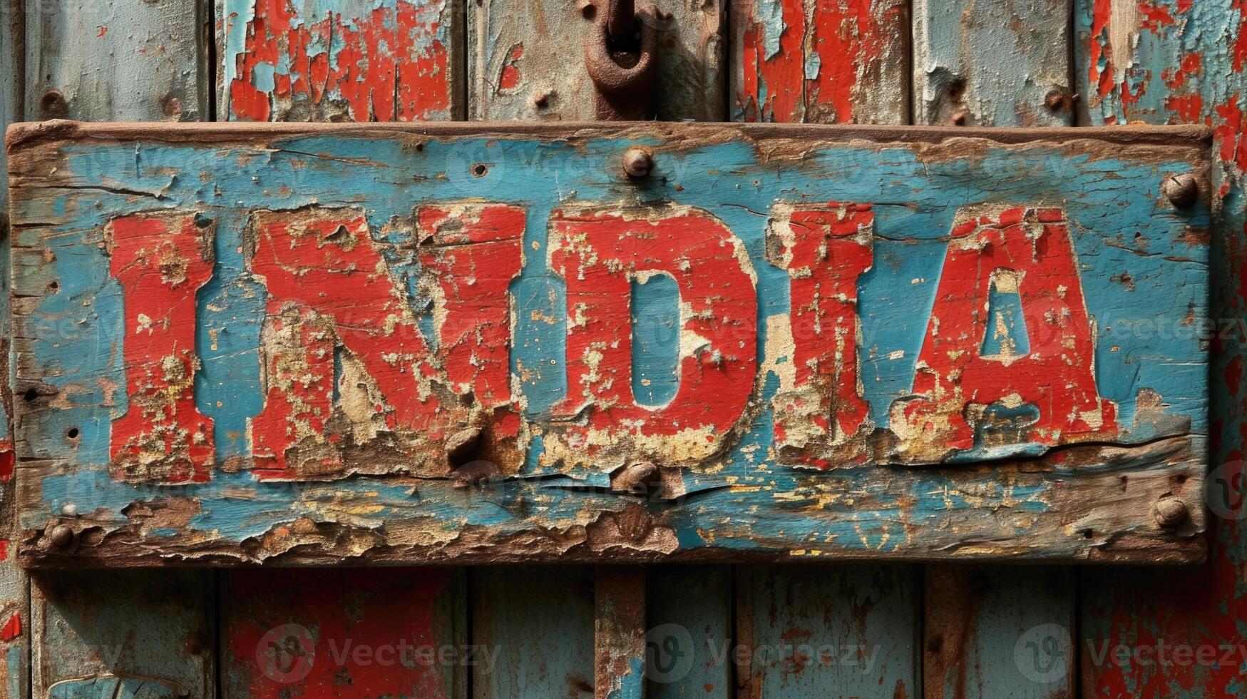 ai gegenereerd wijnoogst oud houten deur met de woord Indië Aan het foto