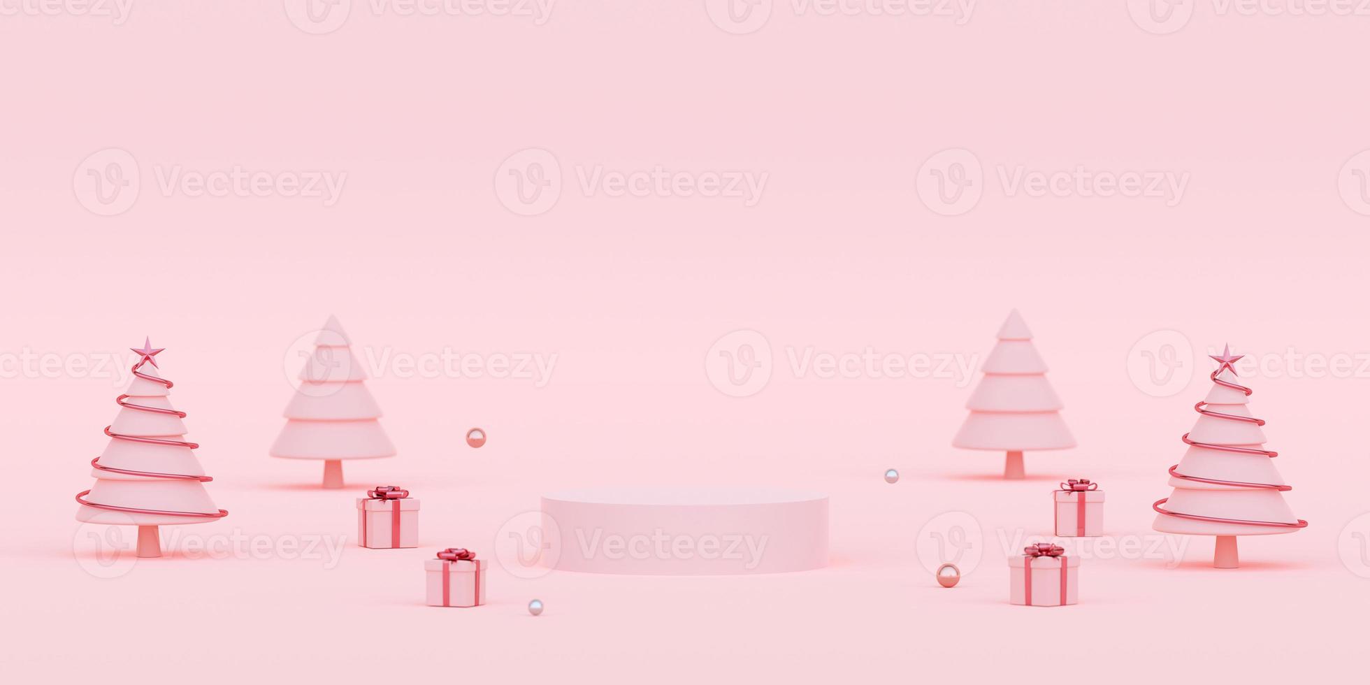 scène van podium met kerstversiering en geschenken, 3D-rendering foto