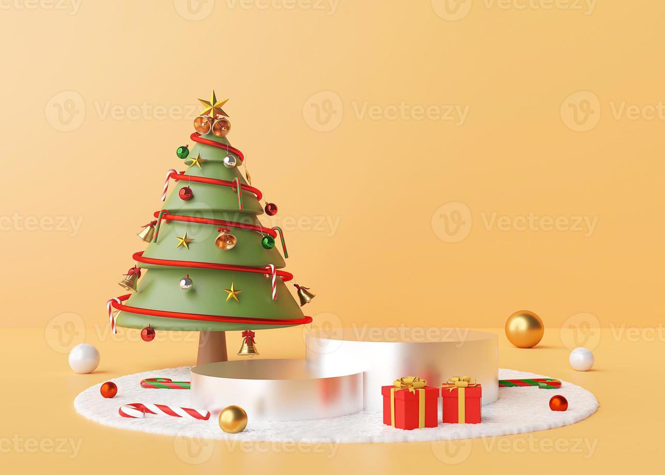 vrolijk kerstfeest, podium met kerstboom en ornamenten op een sneeuwvloer, 3D-rendering foto