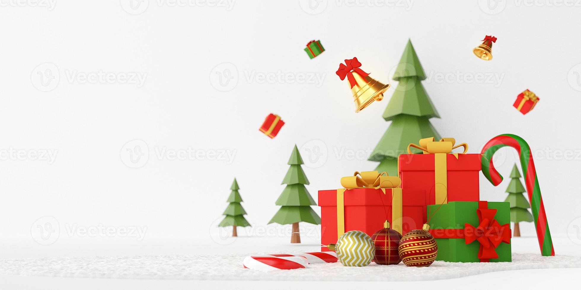 Kerstbanner, kerstcadeautjes en ornamenten op een sneeuwgrond met dennenboom erachter, witte achtergrond met kopieerruimte, 3D-rendering foto