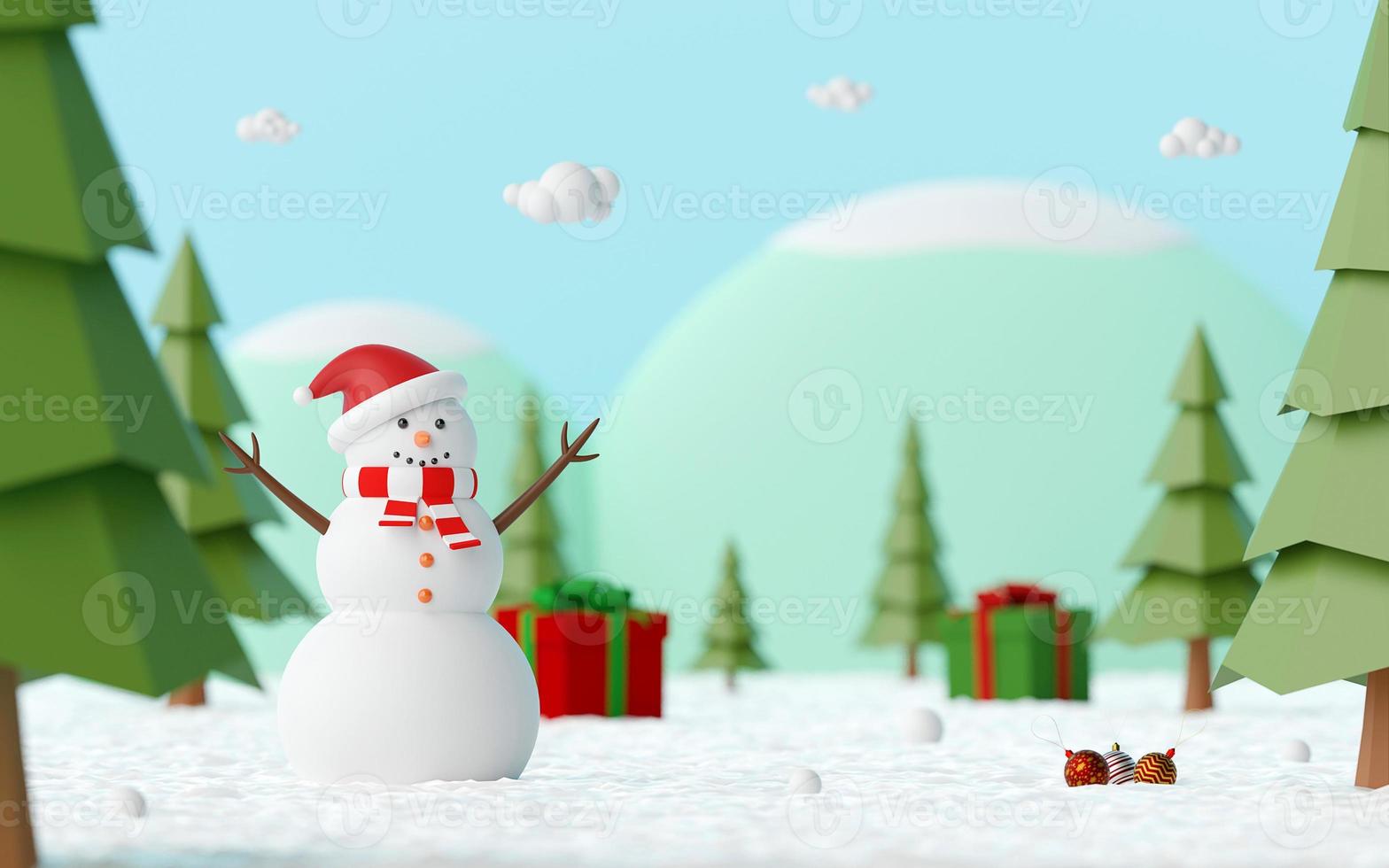 prettige kerstdagen en gelukkig nieuwjaar, landschap van sneeuwpop in dennenbos vieren met kerstcadeau op een besneeuwde grond, 3D-rendering foto