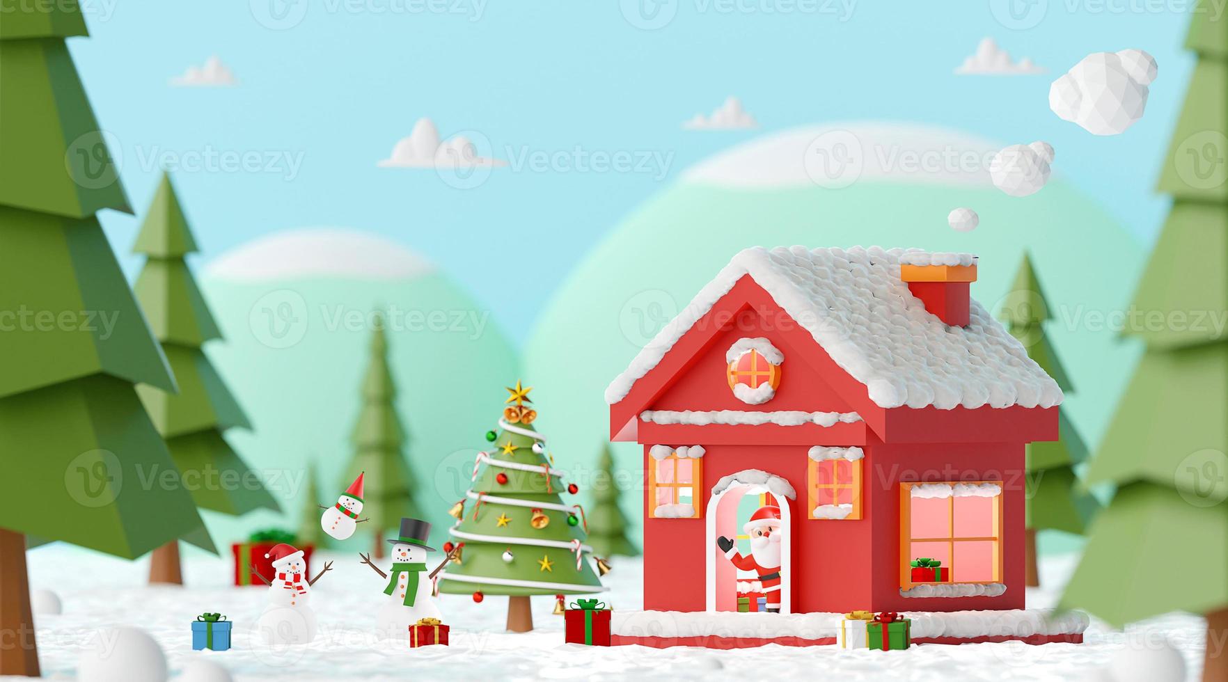 prettige kerstdagen en gelukkig nieuwjaar, kerstfeest met de kerstman en sneeuwpop in het rode huis in een dennenbos, 3D-rendering foto