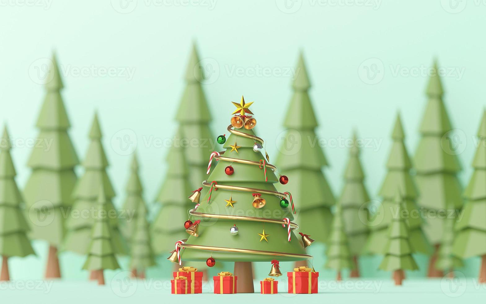 prettige kerstdagen en gelukkig nieuwjaar, landschap van versierde kerstboom met geschenken in dennenbos, 3D-rendering foto