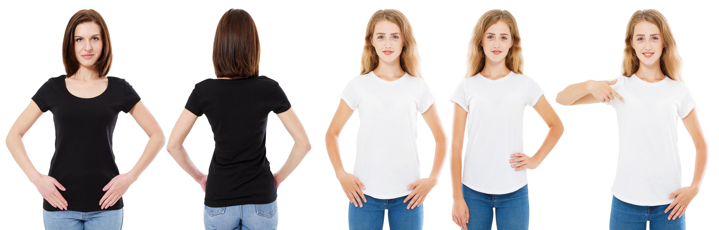 t-shirt setje. voor- en achteraanzicht brunette en blonde in witte en zwarte t-shirt geïsoleerd. twee meisjes in een leeg shirt, mock-up, collage, kopieerruimte, sjabloon foto