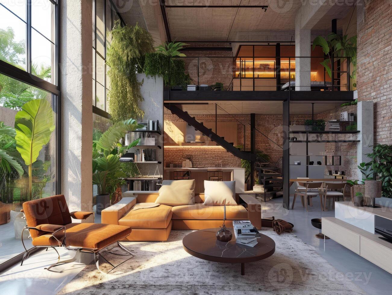 ai gegenereerd flat appartement interieur in upscale buurt foto