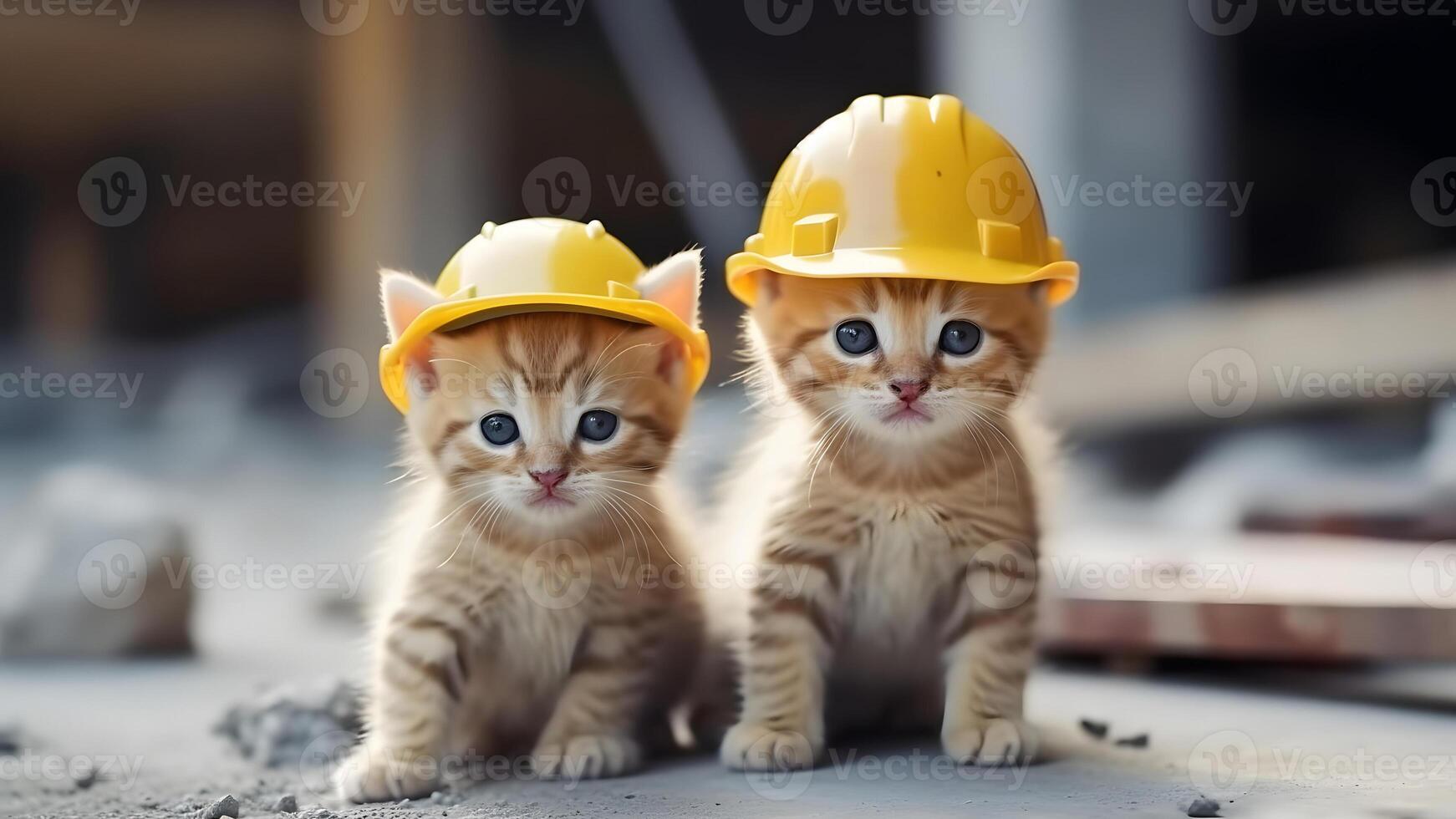 ai gegenereerd schattig kittens zijn gebouw arbeiders Bij bouw plaats, neurale netwerk gegenereerd afbeelding foto