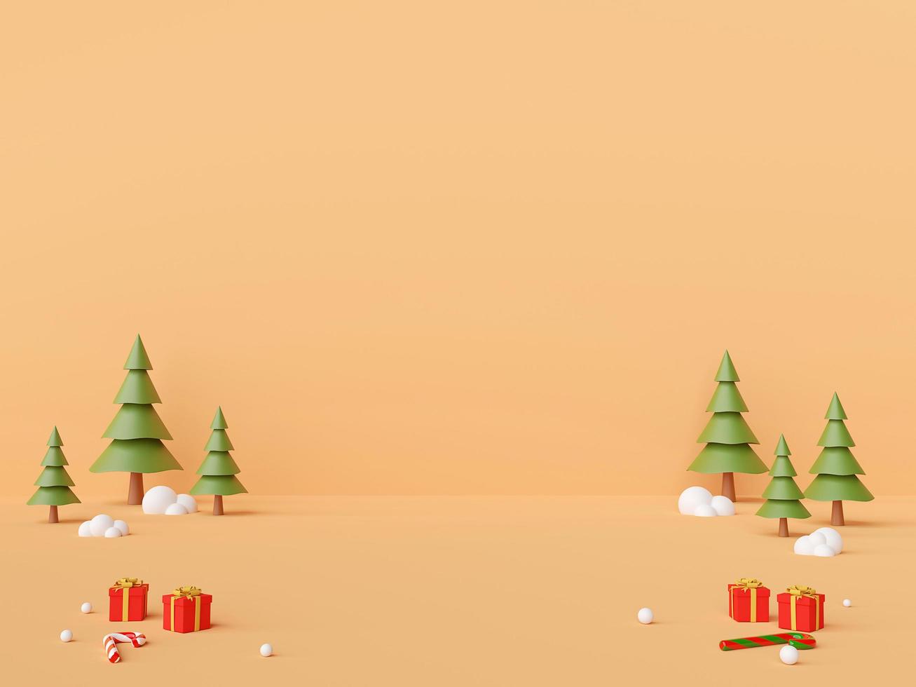 prettige kerstdagen en gelukkig nieuwjaar, scène van kerstversieringen met lege ruimte in het midden voor productreclame op een gouden achtergrond, 3D-rendering foto