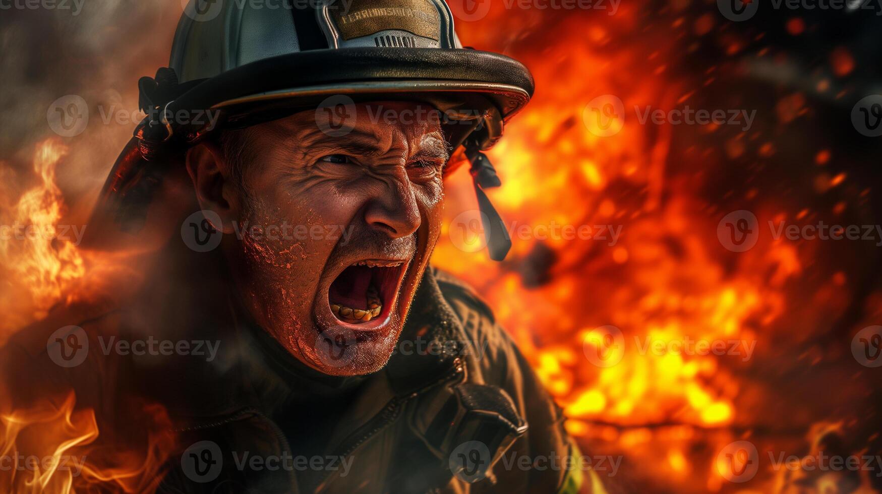 ai gegenereerd een detailopname fotograaf van een brandweerman schreeuwen, gezicht verwrongen in woede en leed, tegen een backdrop van woest vlammen consumeren een structuur. foto