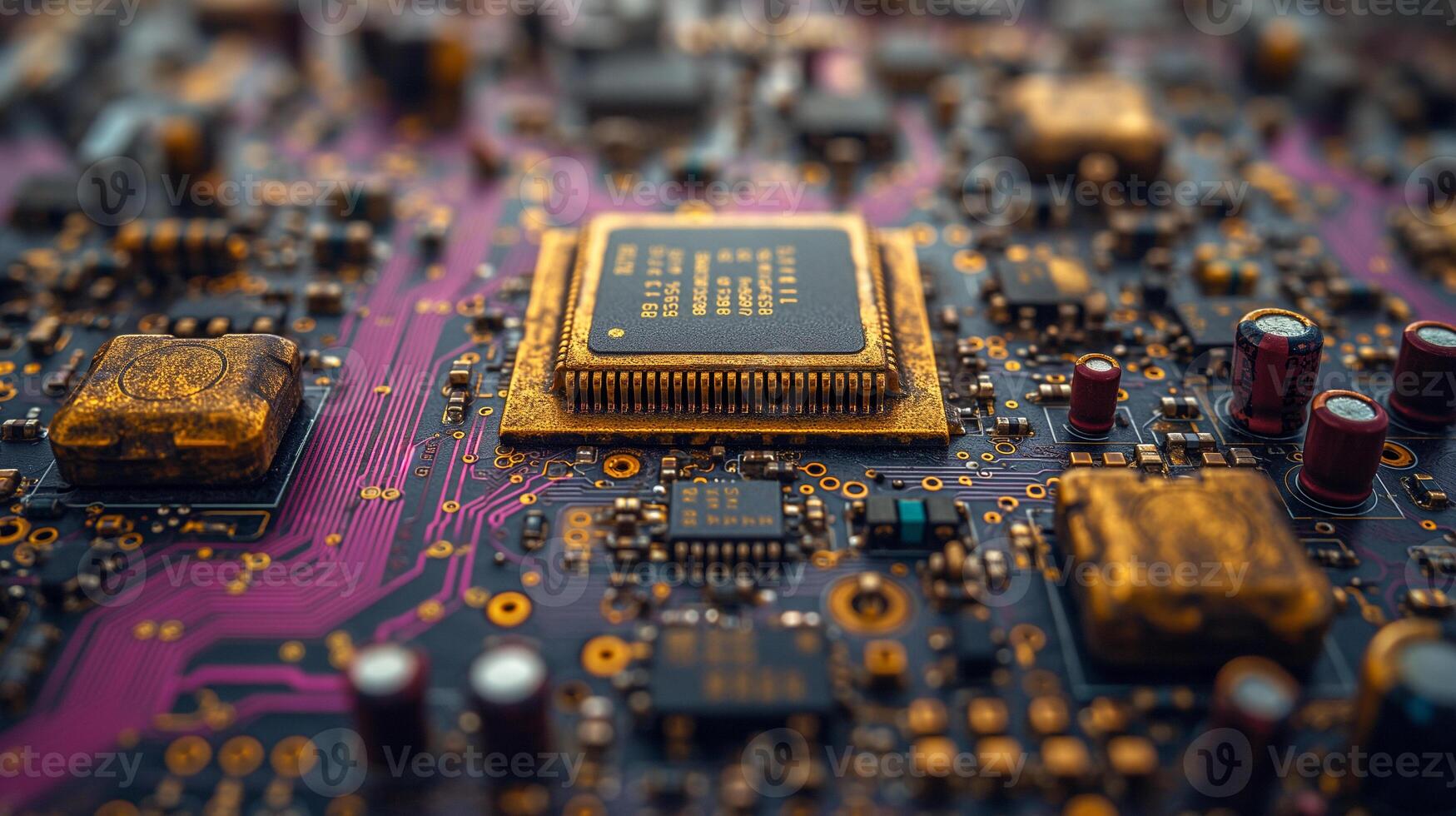 ai gegenereerd hoge resolutie, macro schot van een computer chip, benadrukkend ingewikkeld stroomkring details foto