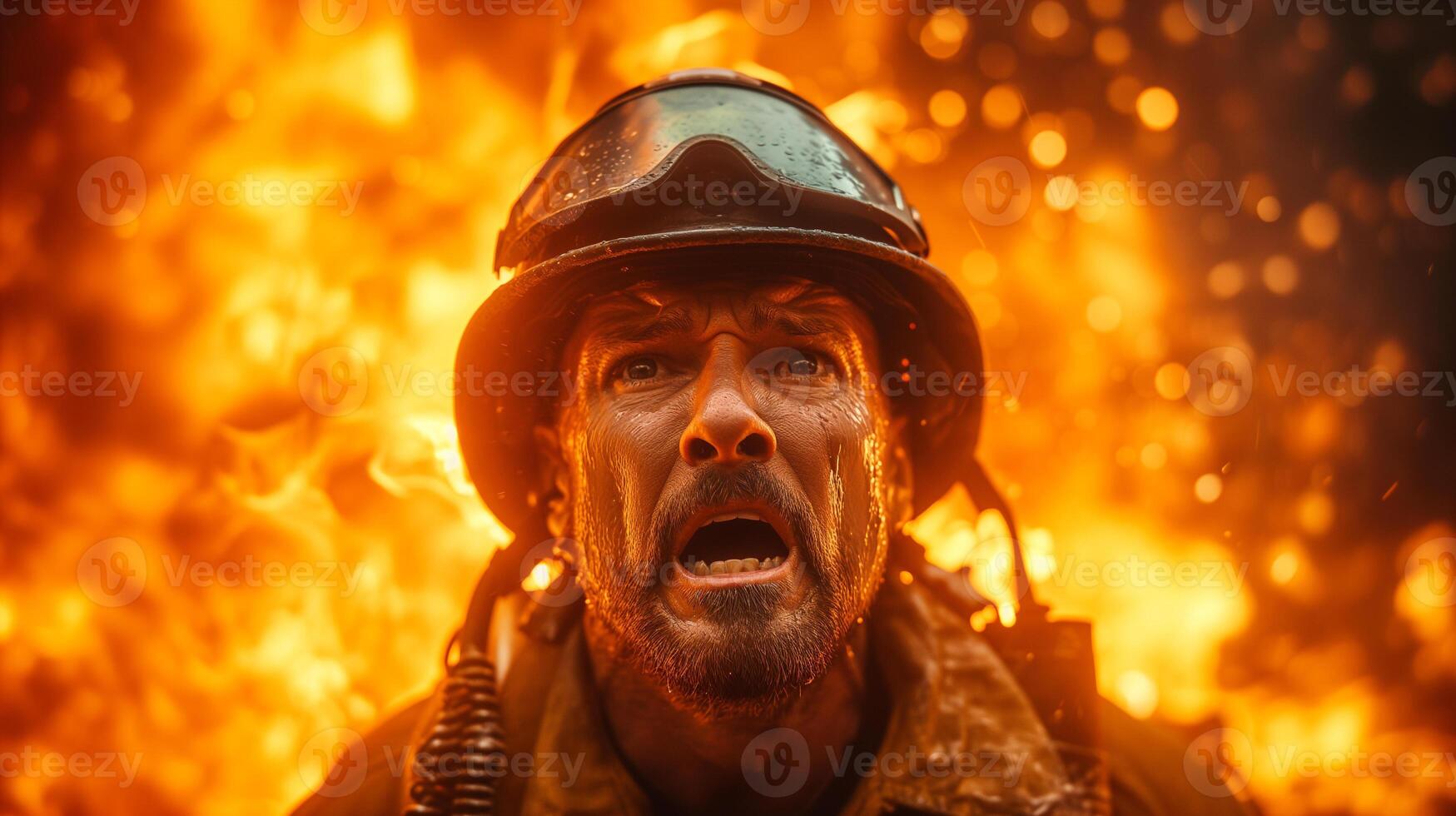 ai gegenereerd een detailopname fotograaf van een brandweerman schreeuwen, gezicht verwrongen in woede en leed, tegen een backdrop van woest vlammen consumeren een structuur. foto