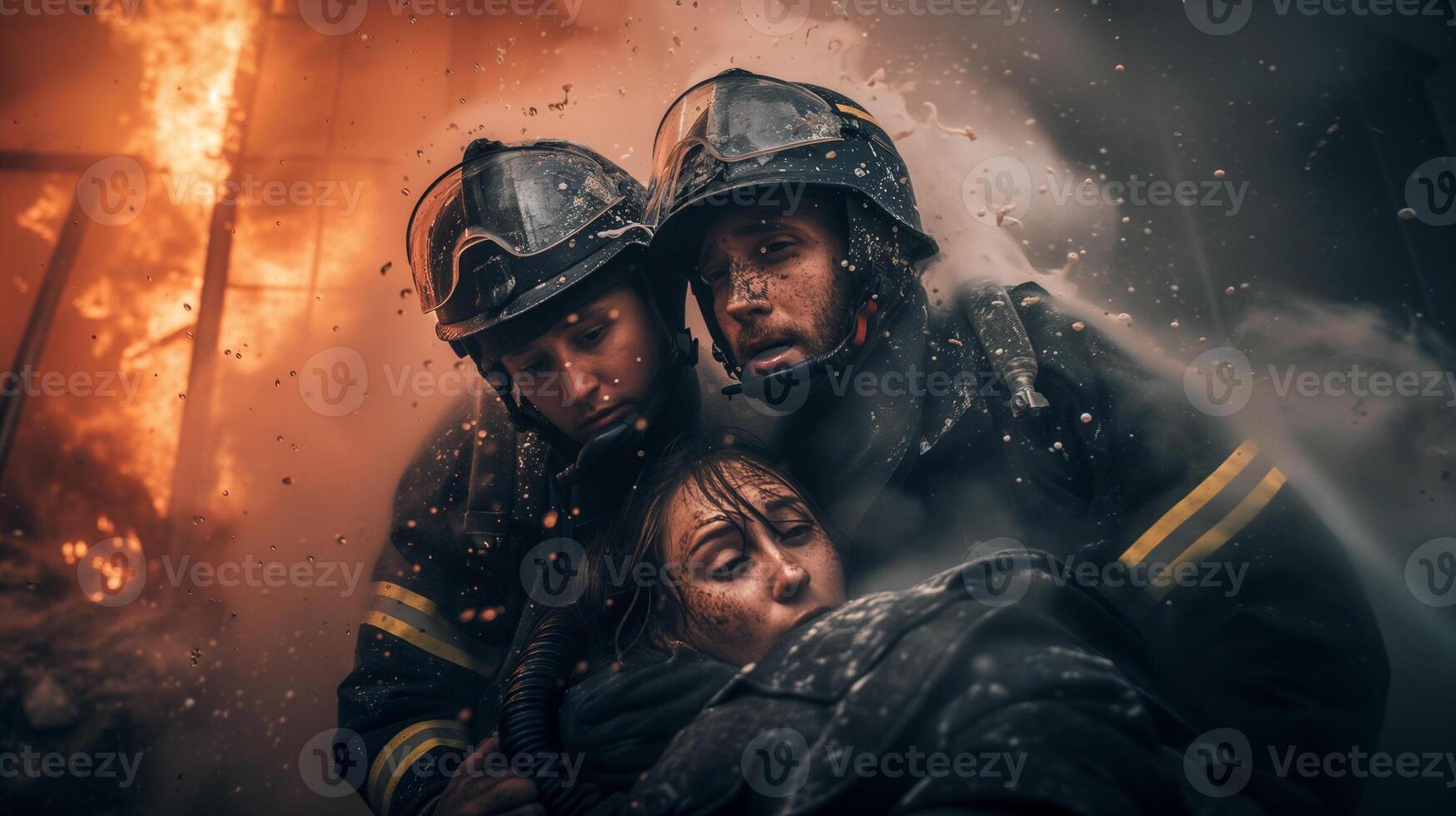 ai gegenereerd een detailopname fotograaf van een brandweerman schreeuwen, gezicht verwrongen in woede en leed, tegen een backdrop van woest vlammen consumeren een structuur. foto