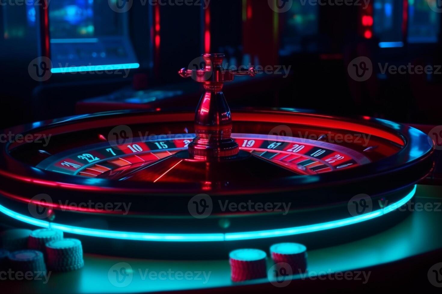 een dichtbij omhoog van een roulette wiel met een neon licht. generatief ai. foto