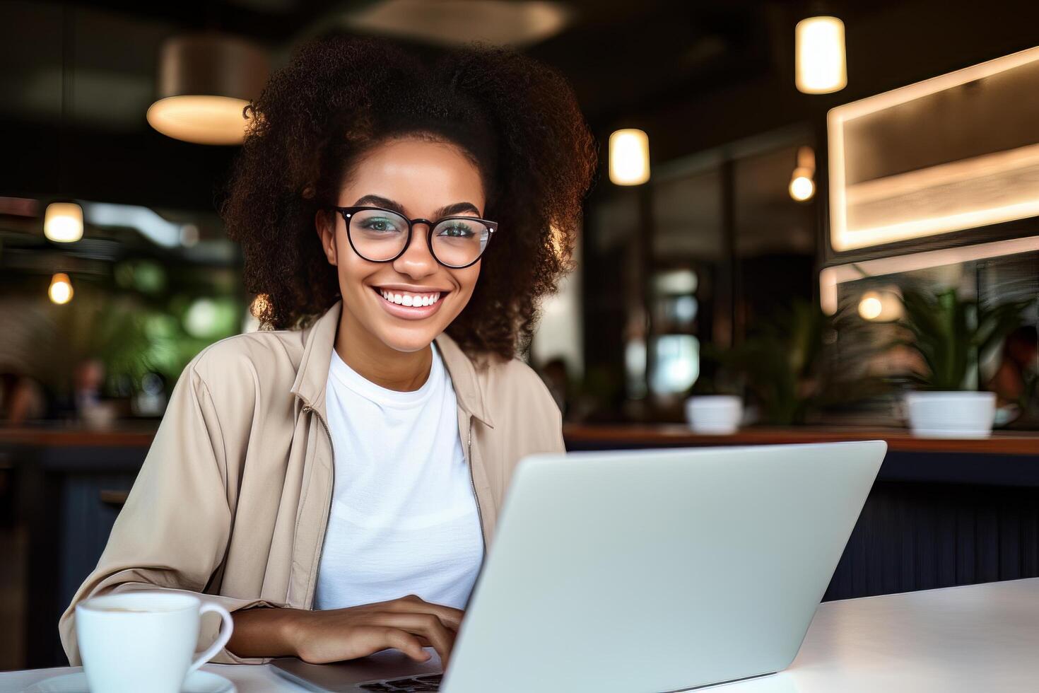 portret van mooi zwart vrouw leerling aan het leren online in koffie winkel, jong Afrikaanse Amerikaans vrouw studies met laptop in cafe, aan het doen huiswerk foto