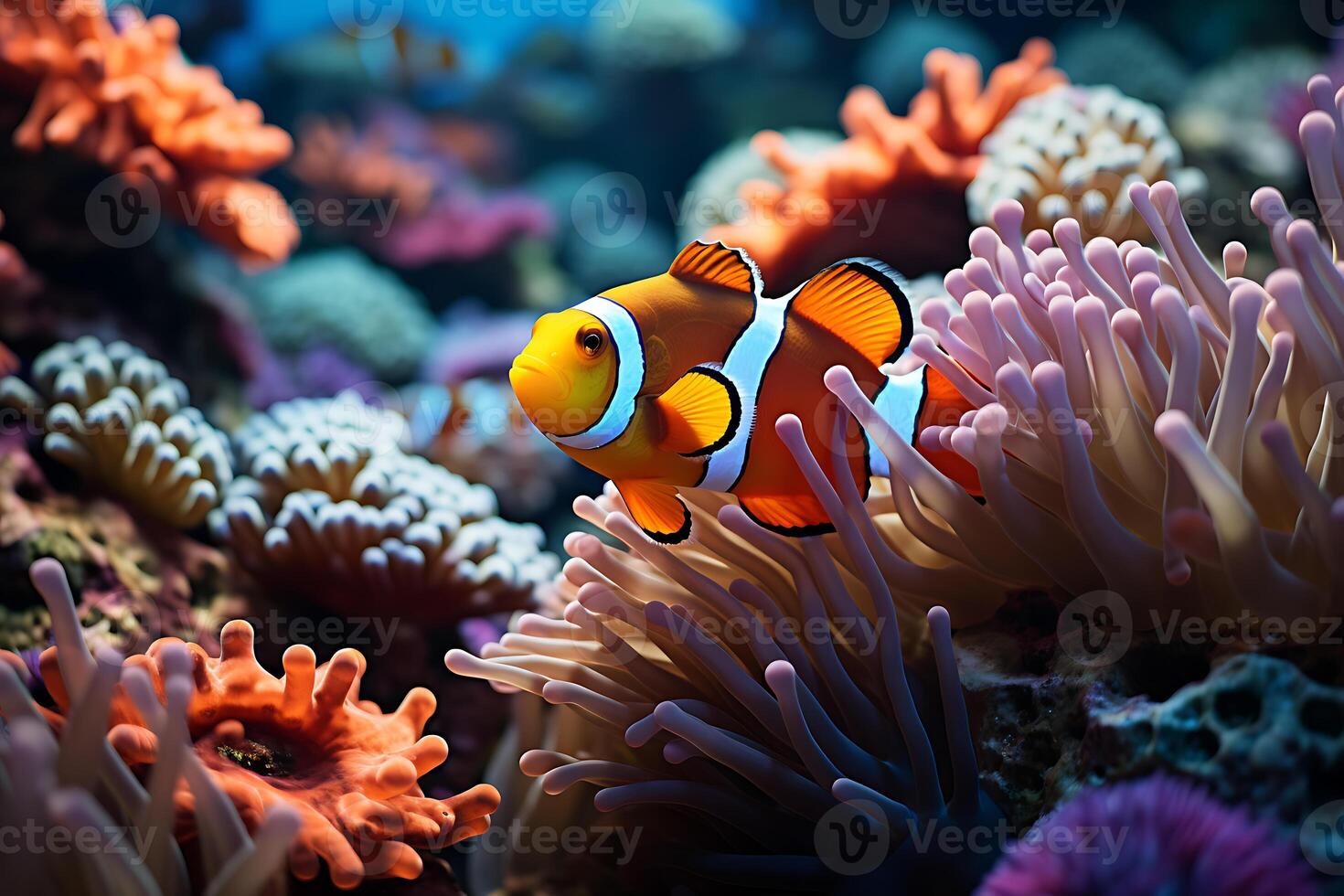 clown anemoonvis, amphiprion percula, zwemmen tussen de tentakels van haar anemoon huis. foto