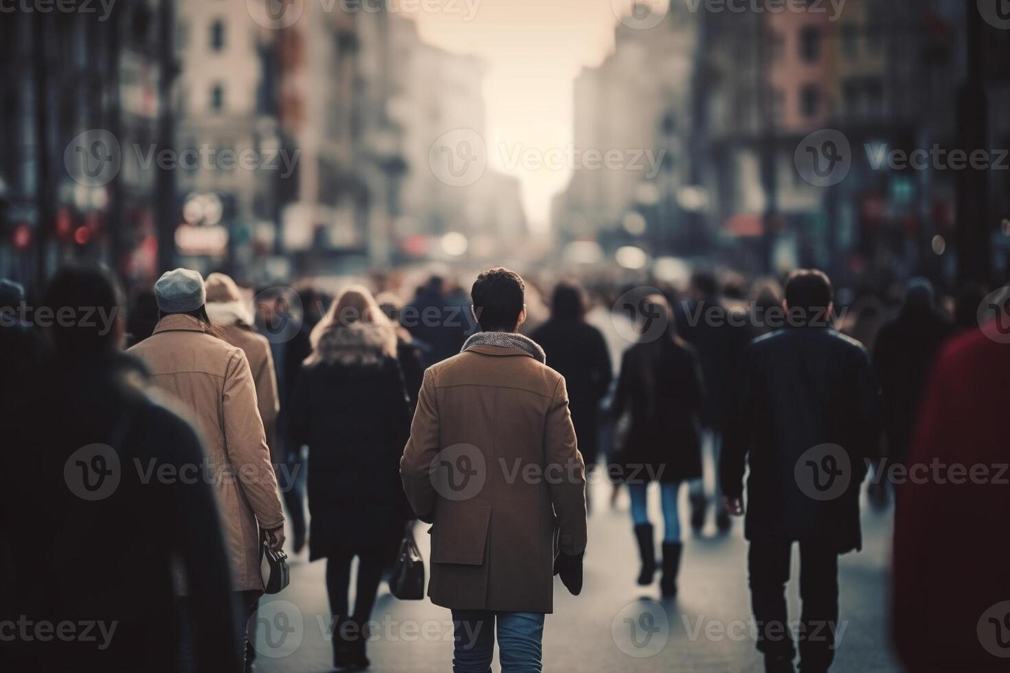 ai generatief anoniem menigte van mensen wandelen Aan bezig stad straat stad leven concept foto