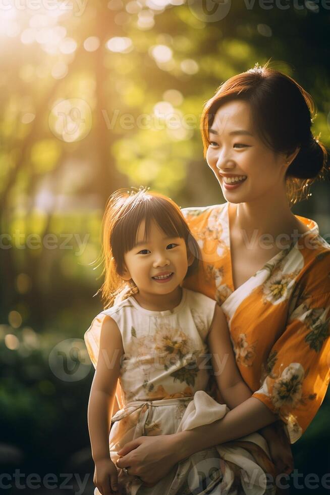 ai generatief Aziatisch moeder en dochter hebben pret buiten portret van gelukkig vrouw schattig weinig meisje Bij park Indonesisch kind met met mam spelen buitenshuis liefde en ouderschap concept foto