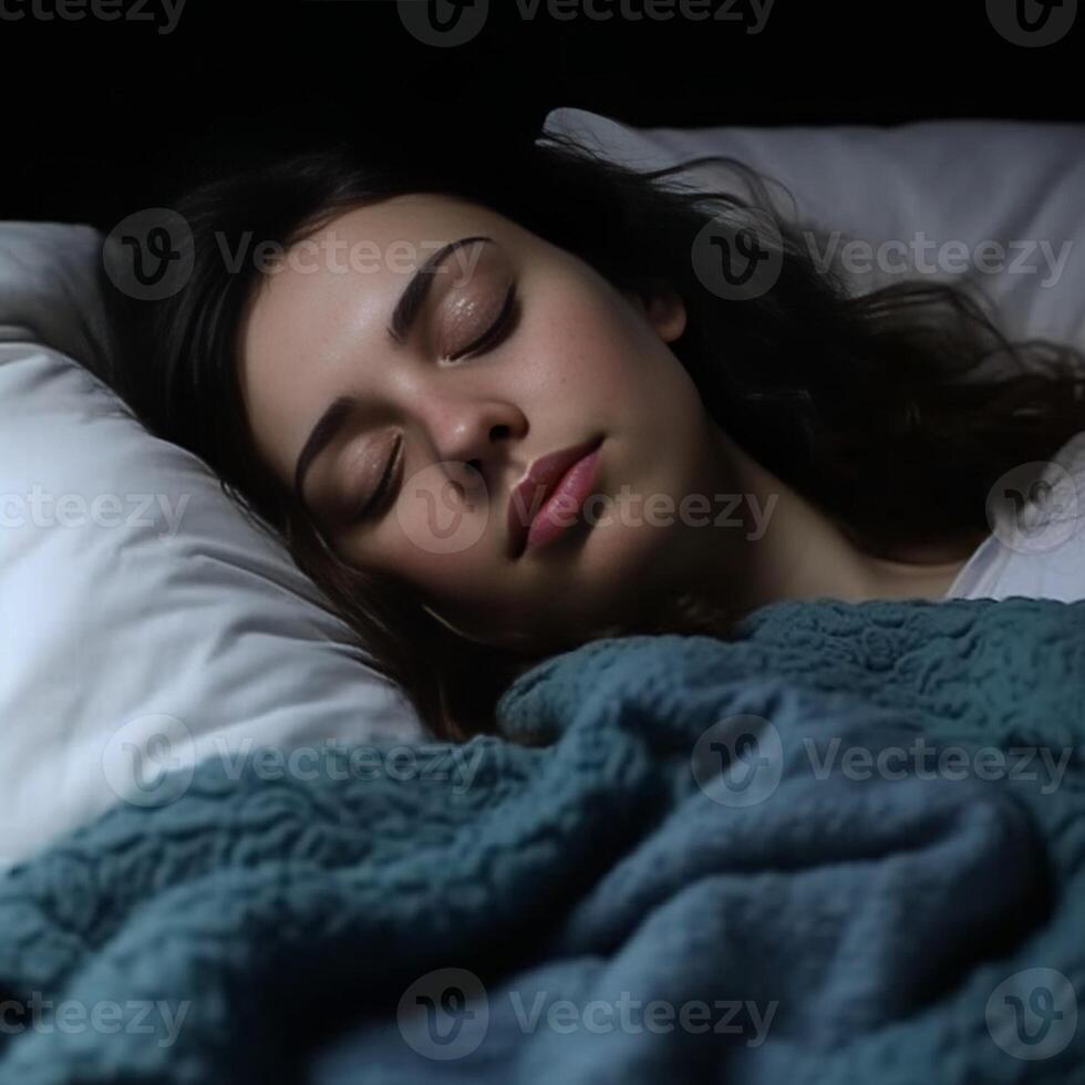 ai generatief aantrekkelijk Kaukasisch meisje slapen Aan de bed foto