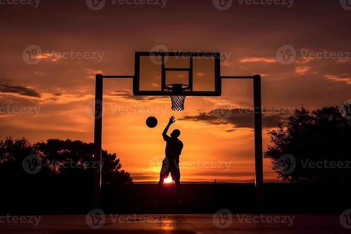 ai generatief basketbal straat speler maken een achterzijde dichtslaan dunk Bij zonsondergang sportief zwart Mens spelen basketbal buitenshuis foto