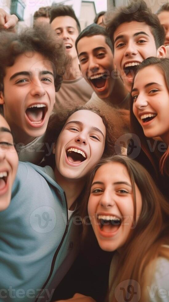 ai generatief het beste vrienden nemen selfie buitenshuis gelukkig jong mensen portret maken grappig gezichten samen tieners hebben pret buiten Aan zomer dag uit vriendschap en jeugd concept foto