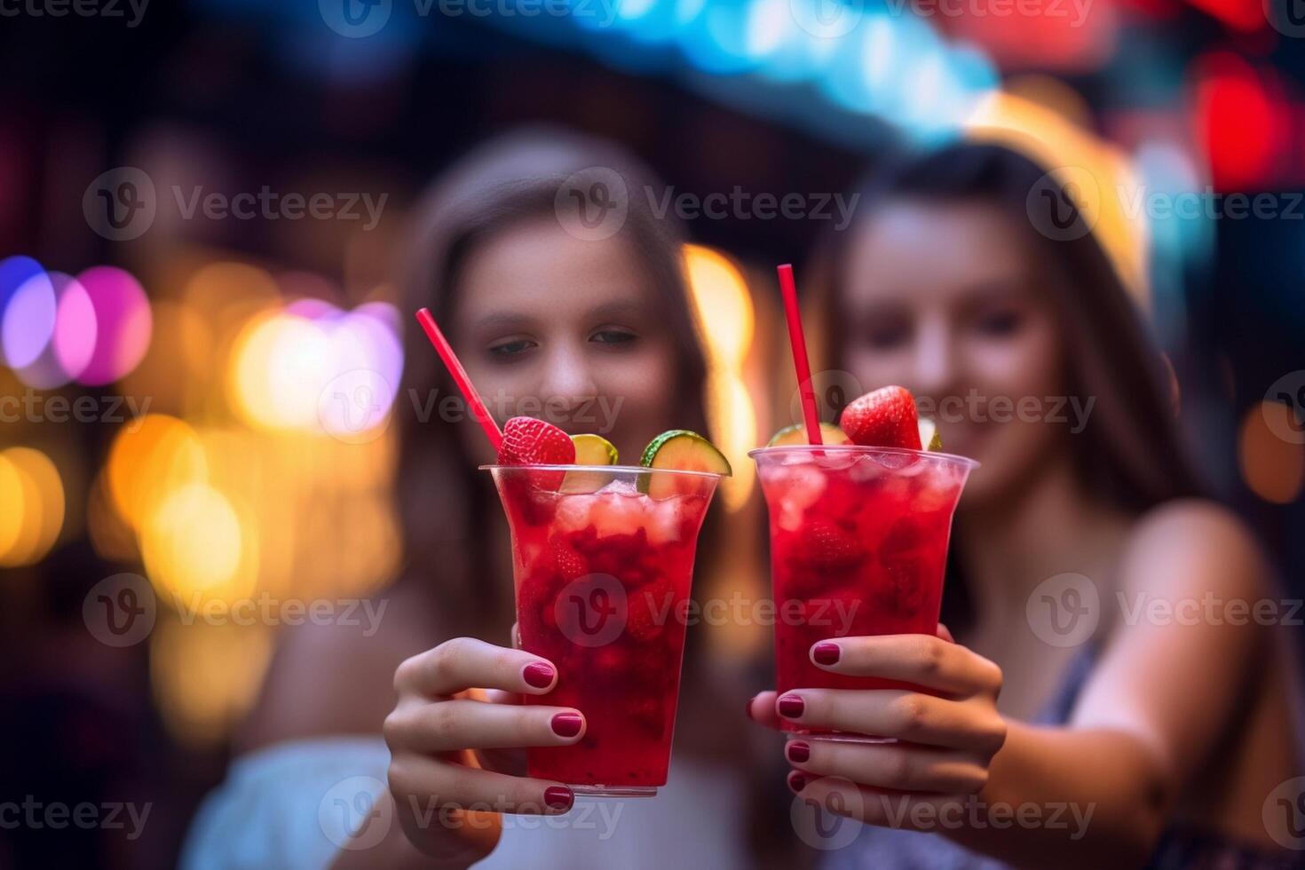 ai generatief dichtbij omhoog beeld van handen Holding cocktail bril Bij bar restaurant jong mensen hebben pret hangende uit Aan weekend dag voedsel en drank concept met jongens en meisjes drinken alcohol foto