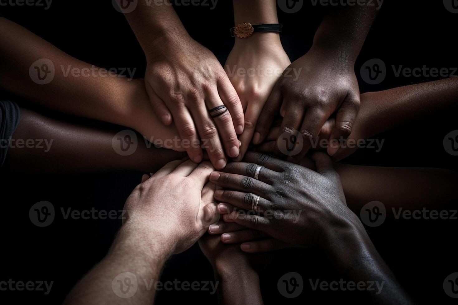 ai generatief dichtbij omhoog van verschillend mensen zittend Aan stoelen in cirkel Holding handen samen multiraciaal gemeenschap ondersteuning en helpen elk andere verslaving behandeling rehabilitatie samenspel en eenheid con foto