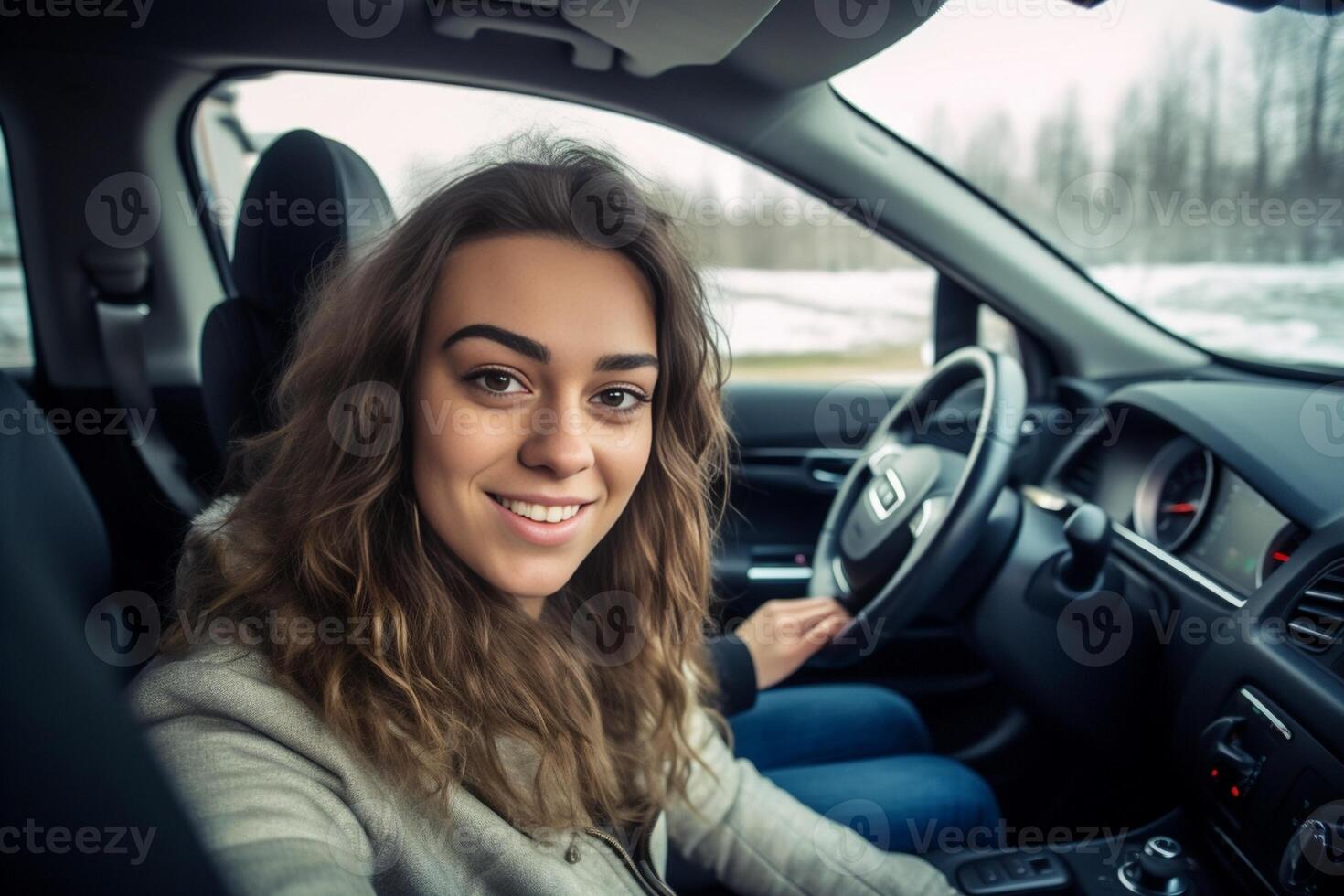 ai generatief meisje ritten gedurende zijn het rijden test Kaukasisch mensen levensstijl en het rijden school- concept foto