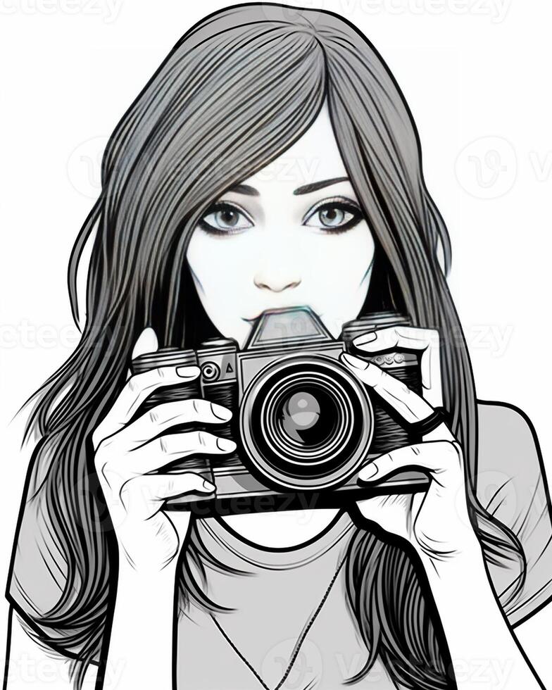 ai generatief meisje nemen foto gebruik makend van haar reflex zwart en wit fotografie
