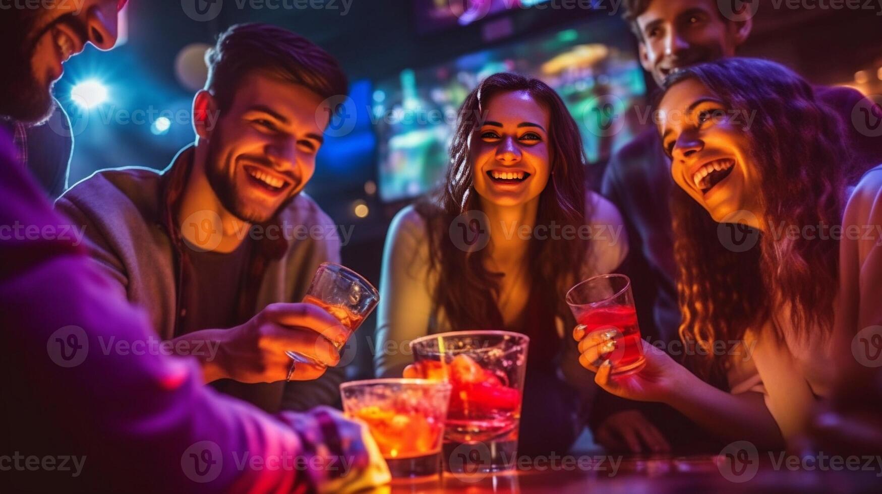ai generatief groep van vrienden drinken Bij cocktail bar met Open gezicht maskers gelukkig jong mensen hebben pret samen roosteren drankjes Bij nachtclub nieuw normaal levensstijl concept focus Aan links glas foto