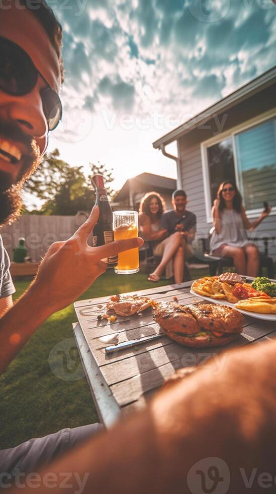 ai generatief groep van gelukkig vrienden nemen selfie Bij bbq buitenshuis avondeten in huis tuin multiraciaal jong mensen aan het eten voedsel en hebben pret Bij barbecue achtertuin huis partij jeugd en vriendschap foto