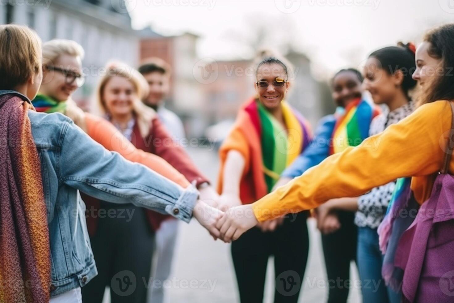 ai generatief groep van lgbt mensen Holding handen buiten verschillend gelukkig vrienden knuffelen buitenshuis homo trots concept met menigte van jongens en meisjes staand samen Aan stad straat foto